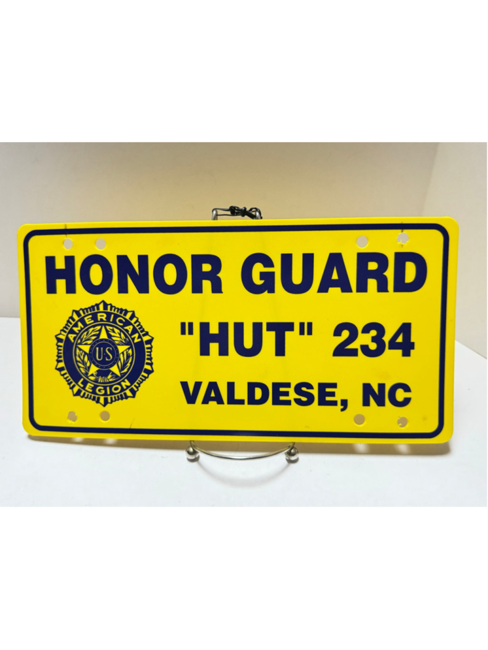 American Legion Honor Guard Hut 234 Valdese NC Yellow plastic License Plate
